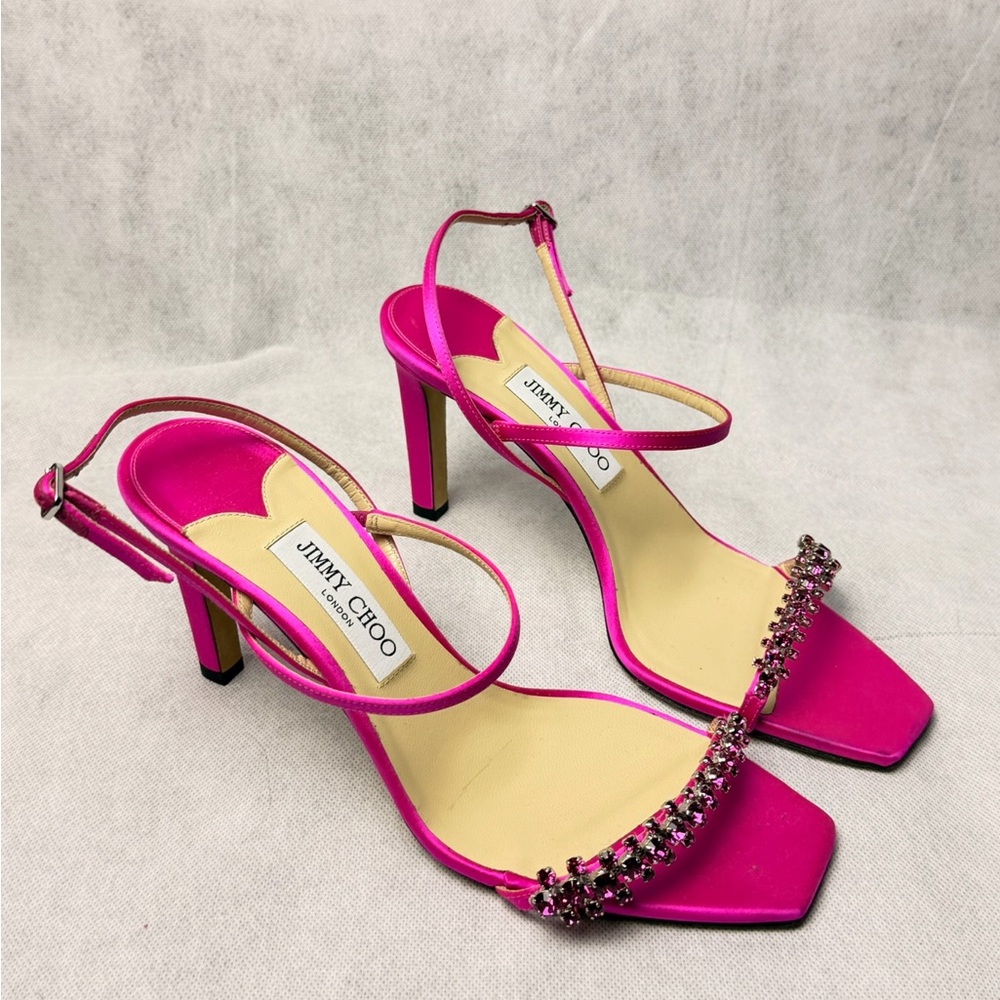 Jimmy Choo Meira 85 Sandals Pink Satin Crystal Embellished SZ 40.5 US 10.5 New